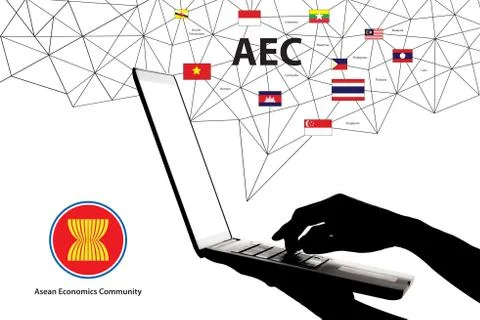 Hands touch ASEAN map network. Illustrazione stock