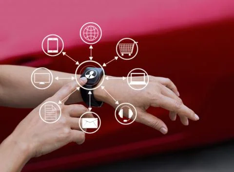 Hands touch icon customer network connection on smart watch, Omni Channel Fotos Stock