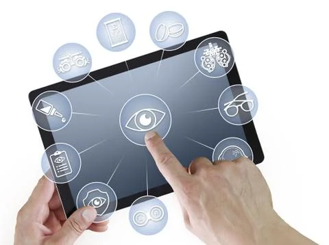 Hands touch screen of digital tablet with ophthalmologist and optometrist ico Stock Photos