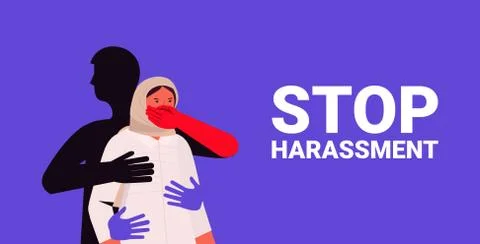 Hands touching arab woman with closes mouth stop harassment and abuse no sexual Stock Illustration