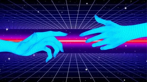 Hands touching in cyberpunk concept with 80s neon and grid style. Synthwave or Stock Illustration