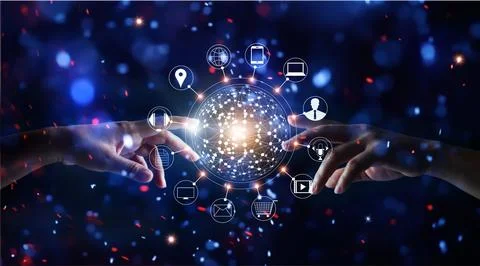 Hands touching global connection and icon customer networking data exchange.. Stock Photos