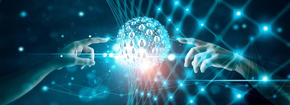 Hands touching network of global digital connections and data exchanges 스톡 사진
