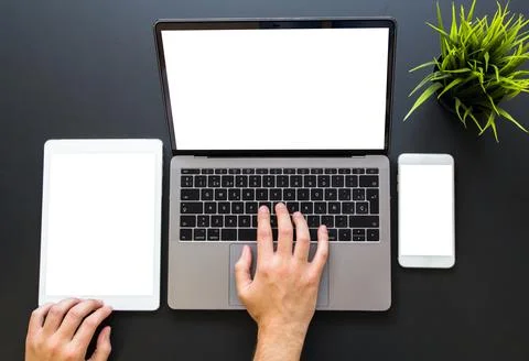 Hands touching responsive web design devices Stock Photos
