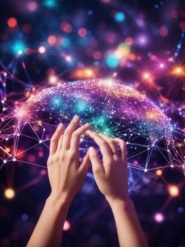 Hands touching science and network connection and data exchanges on glitter.. Stock Photos