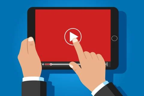 Hands touching screen. Video player on screen. Vector illustration. Illustrazione stock