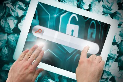 Hands touching search bar on tablet screen Illustrazione stock