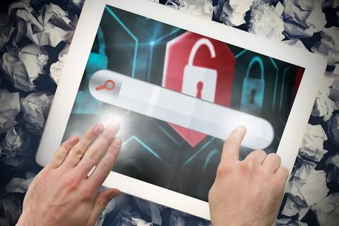 Hands touching search bar on tablet screen Illustrazione stock