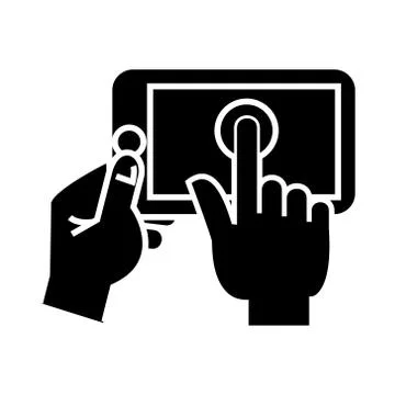 Hands touching tablet icon, vector illustration, black sign on isolated Illustrazione stock