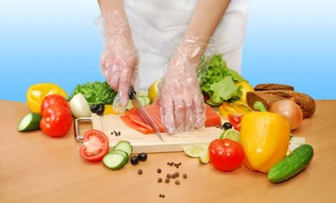 Hands in transparent plastic gloves Stock Photos