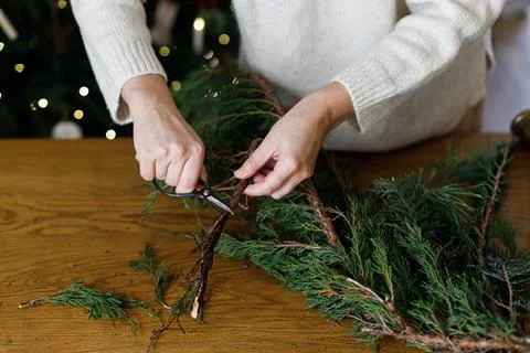 Hands Trimming Fresh Pine Branches, Making Natural Homemade Christmas Garland Stock Photos