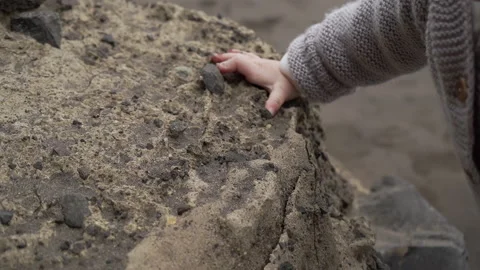 Hands tugging at the stone. A small child walks along the sandy beach  Stock Footage 146100424