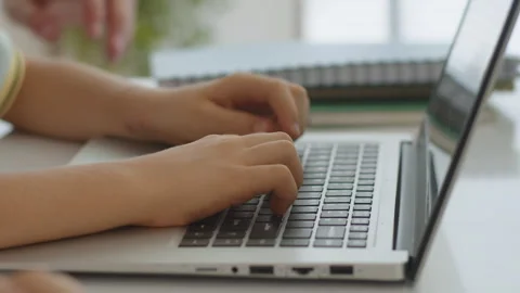Hands of Tutor Helping Kid with Laptop at Computer Class Stock Footage 280538561