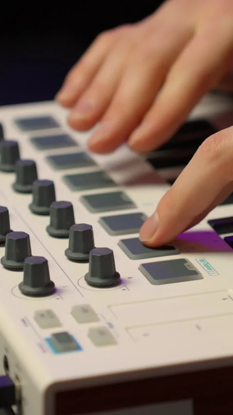 Hands Tweaking Knobs on MIDI Controller in Music Studio, Vertical View Stock Footage 322557637