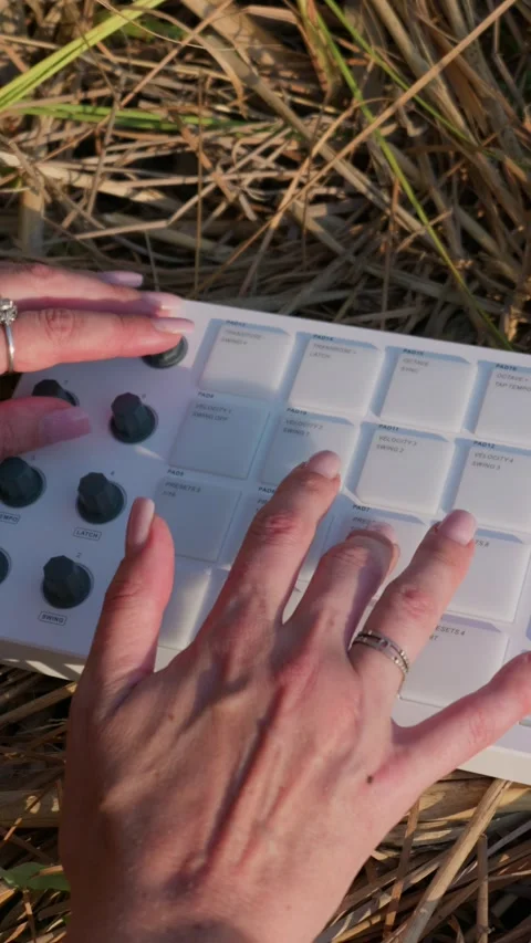 Hands Tweaking Knobs on White Midi Controller in Field Outdoors Stock Footage 342772217