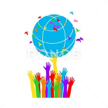 Hands twirl the globe with flying birds. Stock Illustration