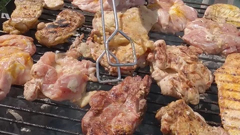Hands of two men checking and turning meat on a barbecue Stock Footage 274430663