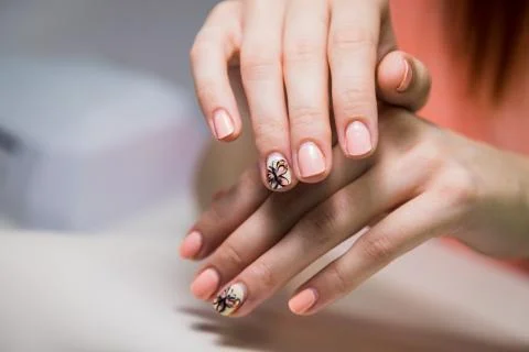 Hands with two week shellac. Before hardware manicure Stock Photos