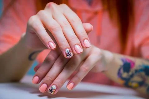 Hands with two week shellac. Before hardware manicure Stock Photos