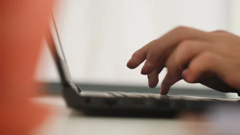 Hands type with focus. Individual types on computer in workspace. Focused person Stock Footage 342059525