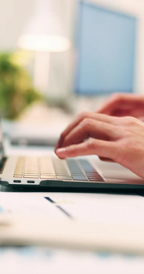 Hands, typing and close laptop in office for audit completion, finish finance Stock Footage 336296718