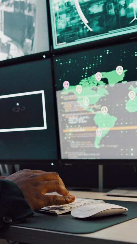 Hands, typing and computer screen with data in control room, cybersecurity Stock Footage 335276661