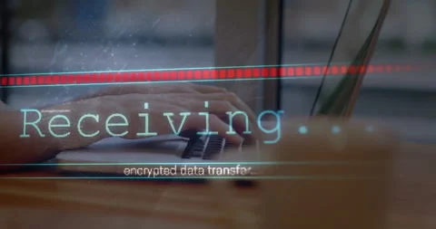 Hands typing and displaying encrypted data transfer progress in animated flat Stock Footage 308677662