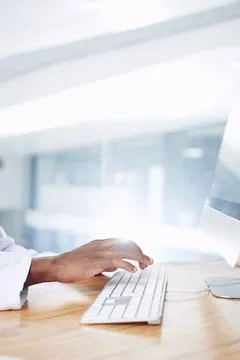 Hands, typing and scientist with computer for research report, experiment r.. Stock Photos