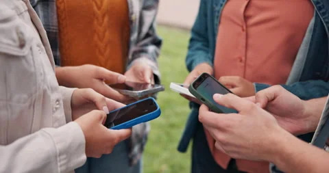Hands, typing and student group with phone for social media, connection or data Stock Footage 346673903
