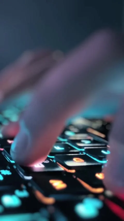 Hands Typing on Backlit Keyboard in Dark Ambient Light Setting Stock Footage 306312430