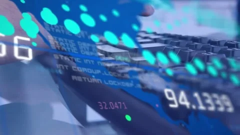 Hands typing on black keyboard, activating teal waveform over keys, numeric code Stock Footage 334040790