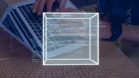 Hands typing causing wireframe cube over laptop, code streaming, rotating, Stock Footage 334465735