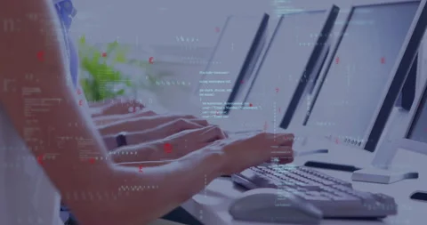 Hands typing code overlaying monitors, showcasing programming workflow in flat Stock Footage 307462599