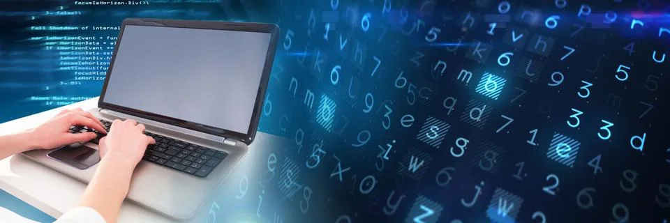 Hands typing coding text on laptop with transition Stock Photos