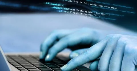 Hands typing coding text Foto stock