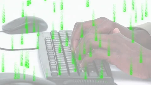 Hands typing commands initiating binary digits cascading over keys then moving Video stock 315543086