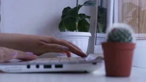 Hands typing on computer keyboard, device on windowsill, internet freelance infl 動画素材 153975994