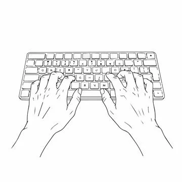 Hands typing on computer keyboard, illustration, line art, black and white .. Stock Illustration
