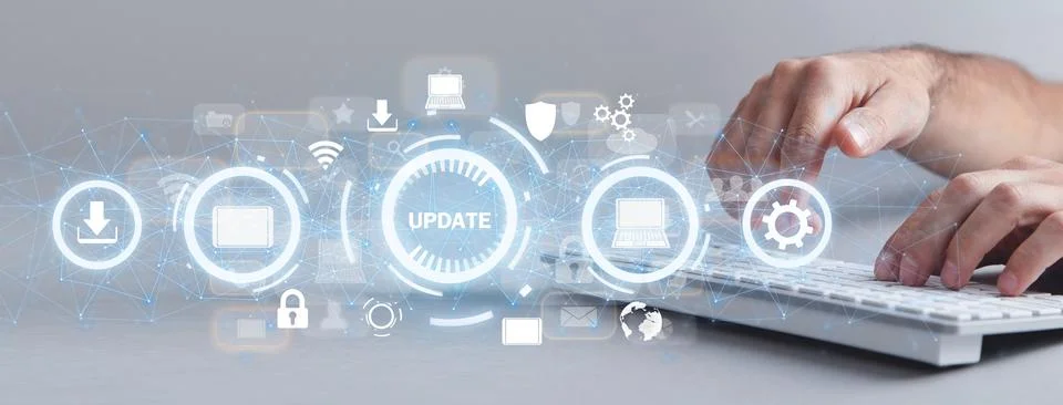 Hands typing in computer keyboard. Installing software update process Stock Photos