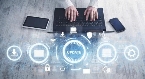 Hands typing in computer keyboard. Installing software update process Stock Photos