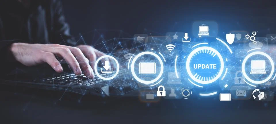 Hands typing in computer keyboard. Installing software update process 写真素材