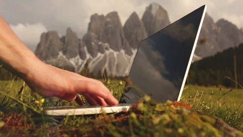 Hands typing on computer keyboard, moving camera, freelance man working on Stock Footage 121317993