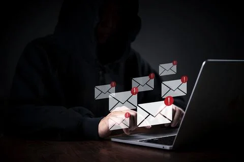 Hands typing computer laptop alert email Red warning icons, digital interfa.. Stock Photos