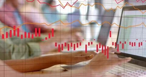 Hands typing at desk, red dotted line appearing evolving into data charts Stock Footage 330955058