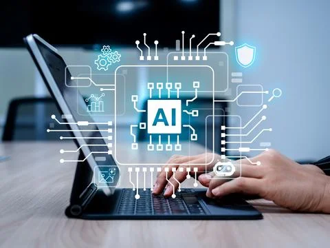 Hands typing on digital device with AI technology interface overlay. Concep.. Stock Photos