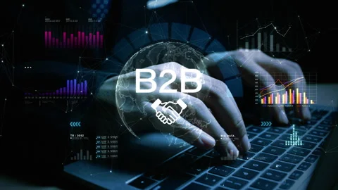 Hands typing on keyboard with B2B concept overlay, featuring global data Stock-Footage 330983122
