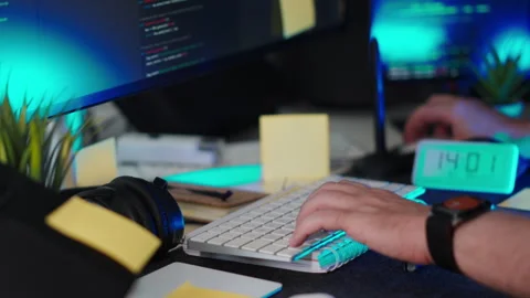 Hands Typing Keyboard Coding Workspace Sticky Notes Stock Footage 318829507