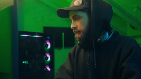 Hands typing keyboard computer Caucasian man programmer hacker looking at camera Stock Footage 281374623