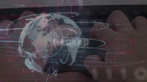 Hands typing on keyboard forming globe HACKED glowing rings orbiting digits Stock Footage 333704905