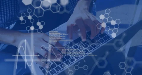 Hands typing keyboard generating molecular structures waveform graph code Vidéo 308676357